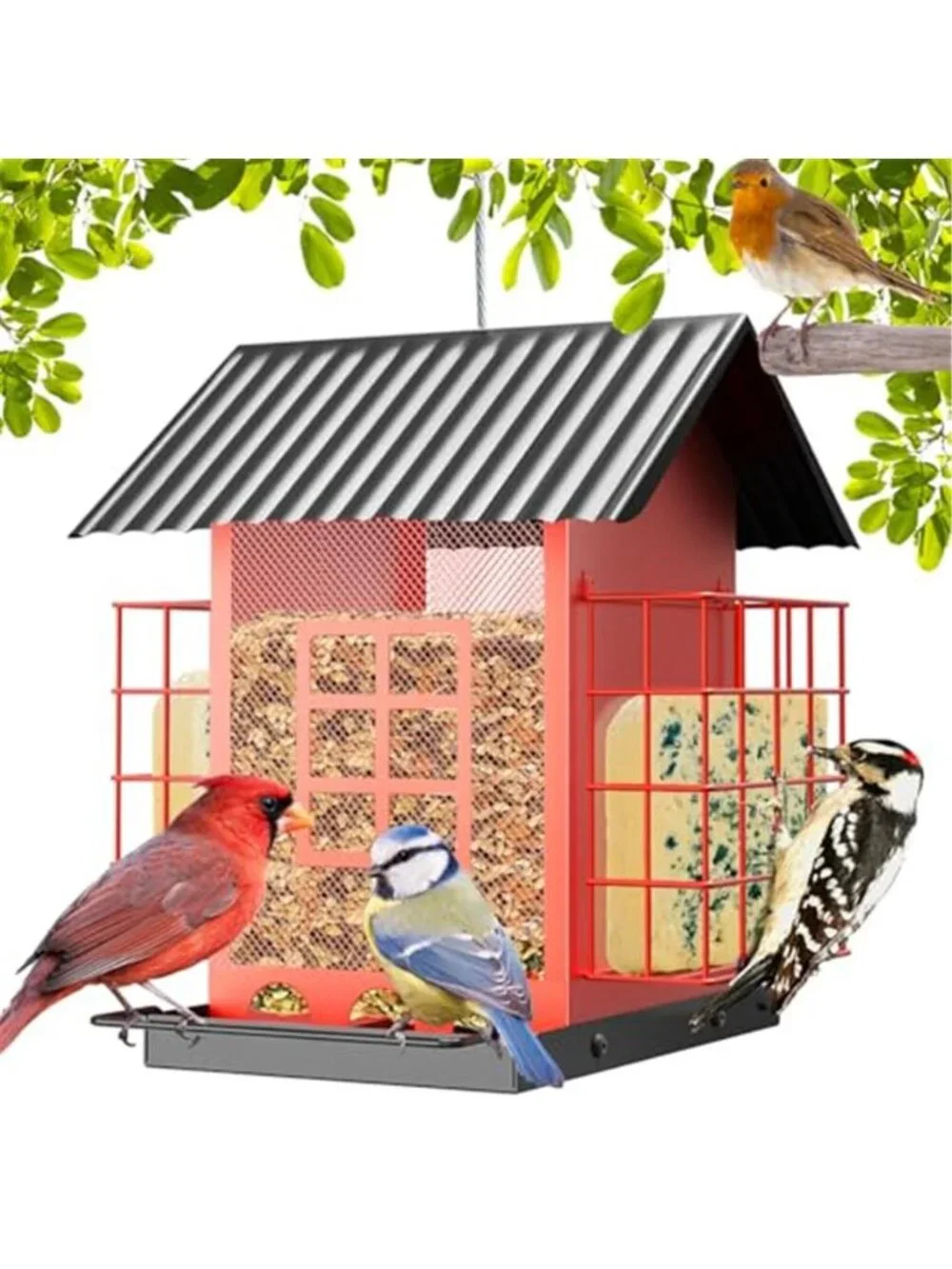 Bird Feeders for Outdoors Hanging, Metal Bird Feeder with Double Suet Cage Cake